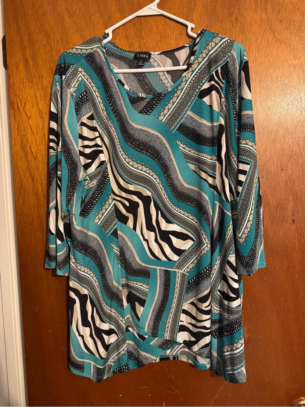 Link Teal Black and White Abstract Zebra-Pattern Tunic